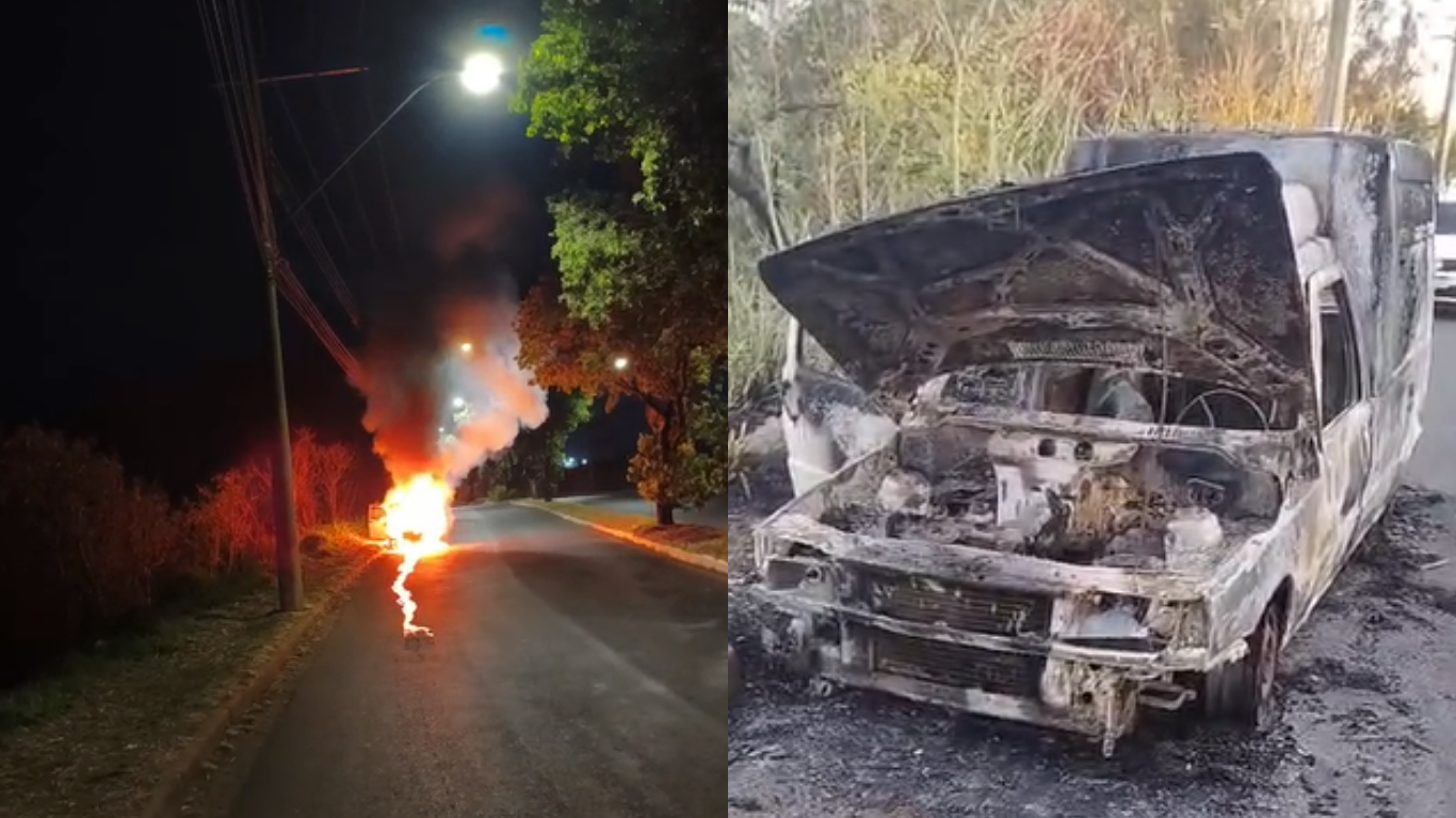 Carro é abandonado e destruído por incêndio na divisa dos bairros Jardim Brasília e Setor Industrial, em Uberlândia