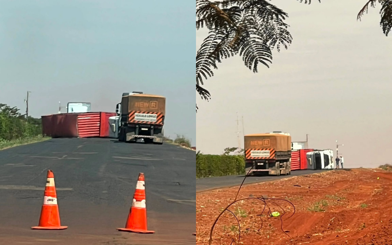 Carreta tomba e bloqueia totalmente a MGC-455 entre Pirajuba e Planura