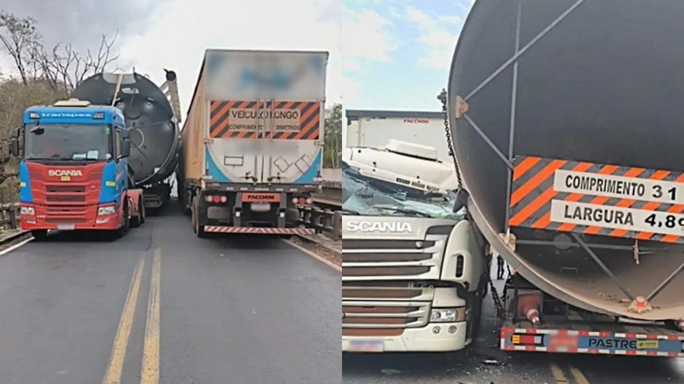 Grave acidente entre dois caminhões interdiita a BR-153 no perímetro urbano de Prata