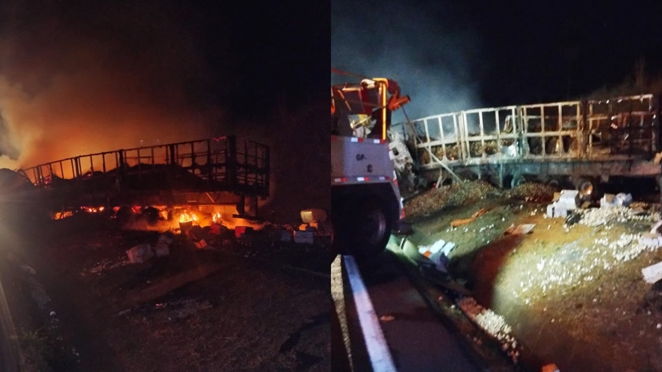 Colisão entre carretas provoca incêndio e interdição parcial na BR-050, em Araguari