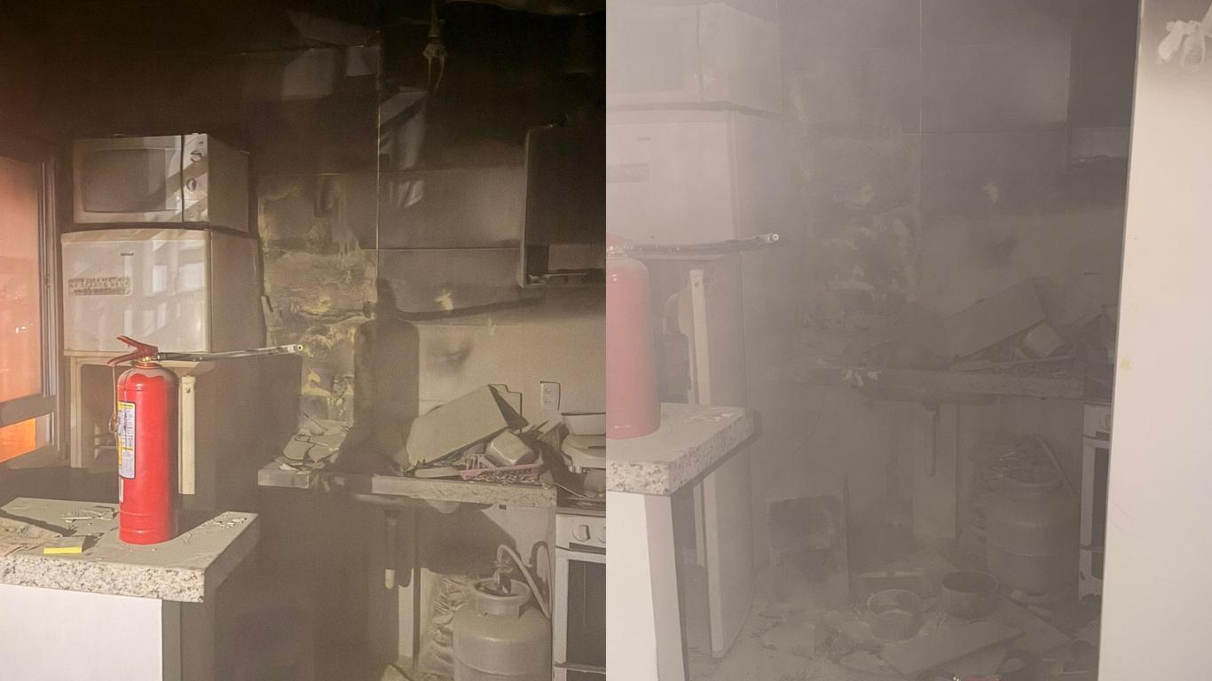 Aparelho de micro-ondas pega fogo e causa incêndio em apartamento no bairro Grand Ville, em Uberlândia