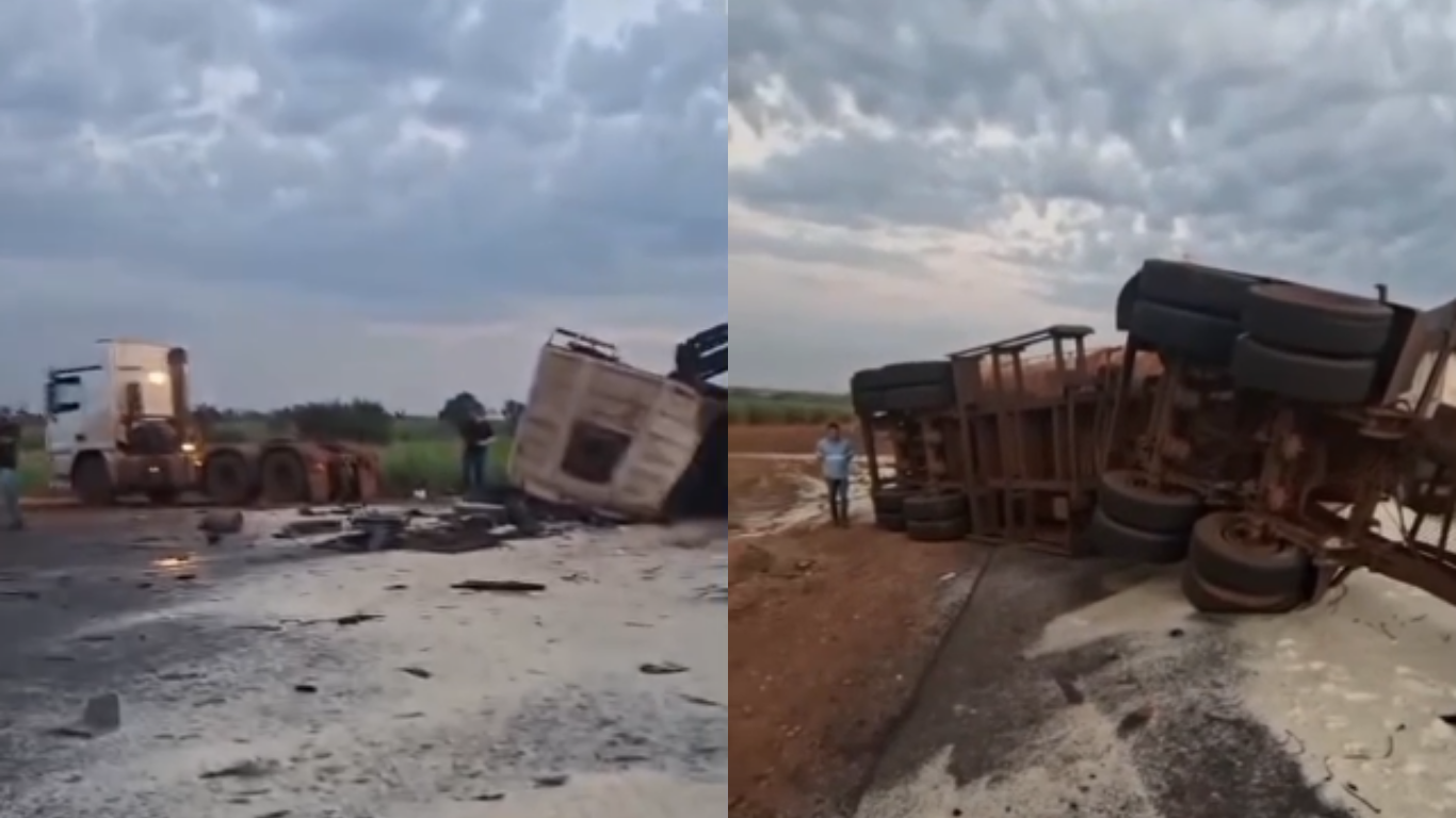 Caçamba de bitrem se solta e atinge caminhão de frente em Pirajuba
