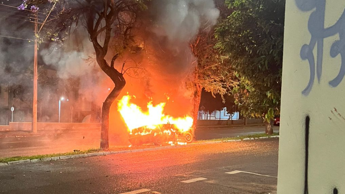 Carro colide contra árvore, pega fogo e condutor abandona o local no bairro Santa Mônica