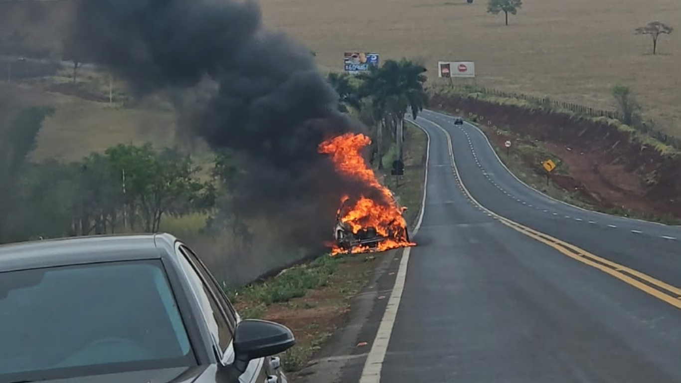 Carro que vinha de manutenção pega fogo e fica destruído na BR-365, em Uberlândia