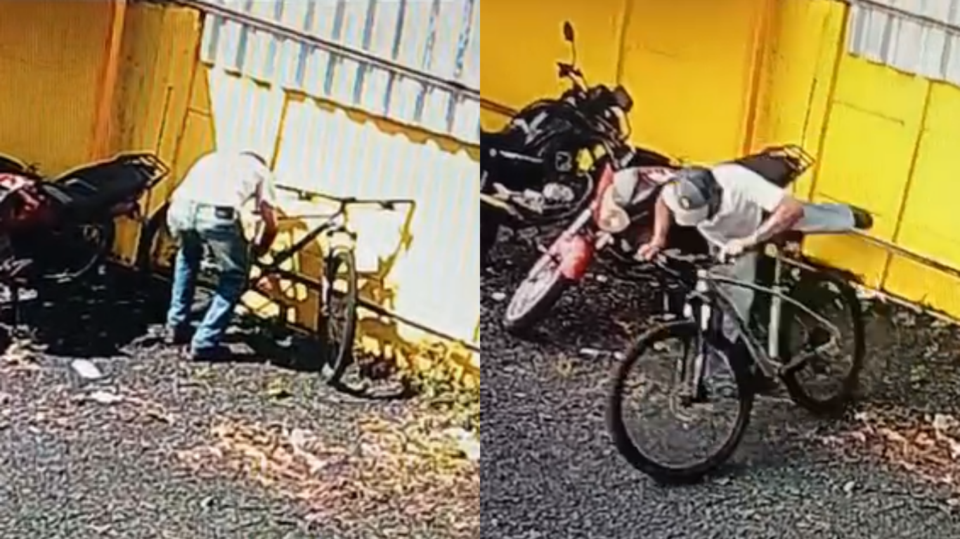 Câmeras flagram furto de bicicleta de funcionário de supermercado em plena luz do dia na Avenida Mato Grosso