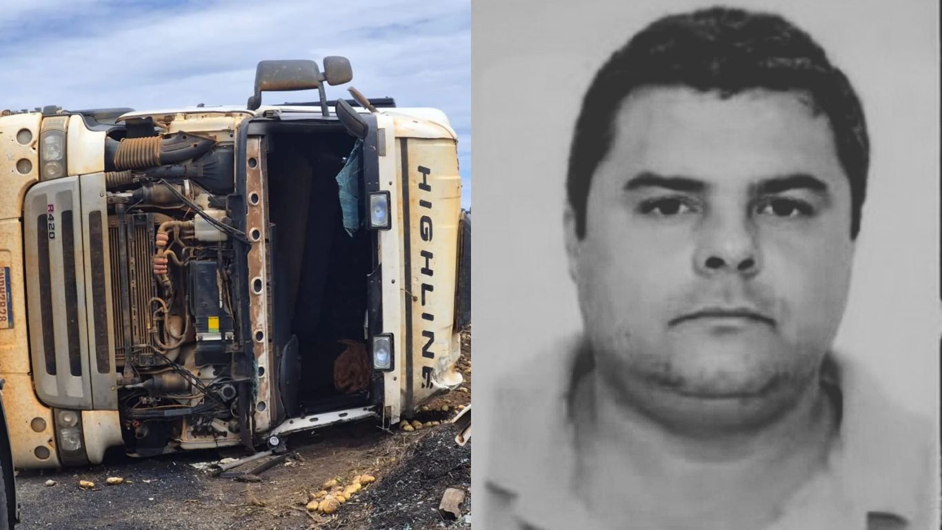 Motorista morre após carreta carregada com batatas tombar na MG-428, em Sacramento