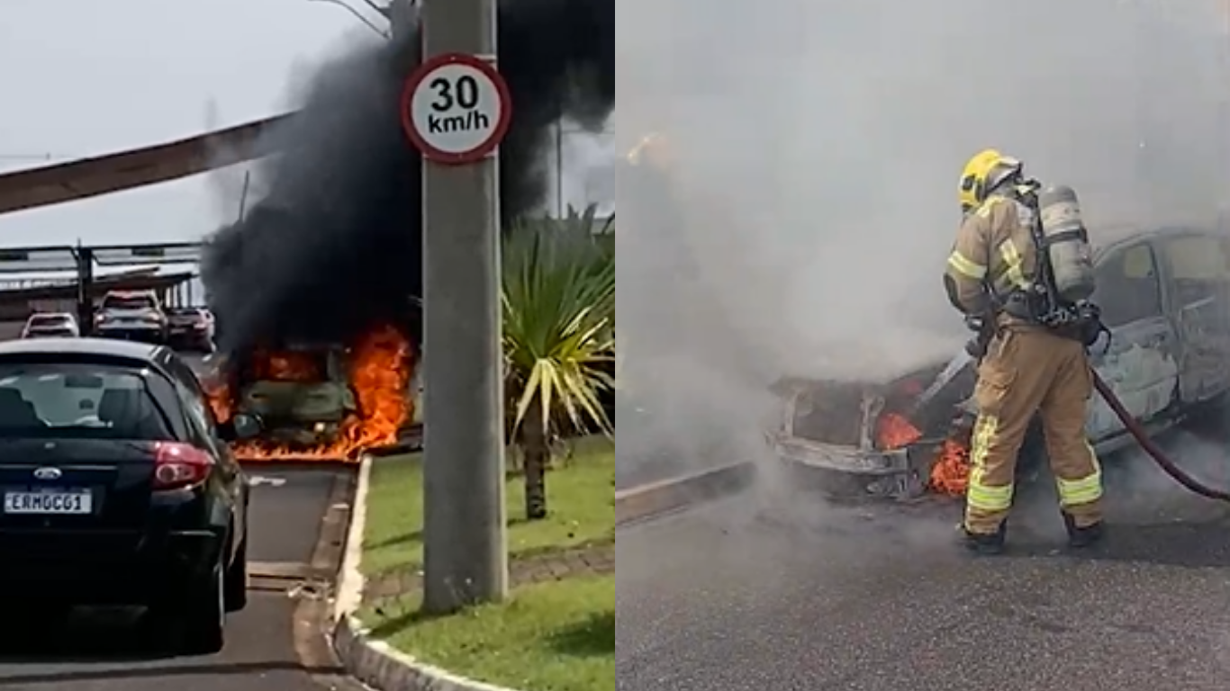 Carro pega fogo e é completamente destruído após pane durante tentativa de partida em condomínio no bairro Laranjeiras
