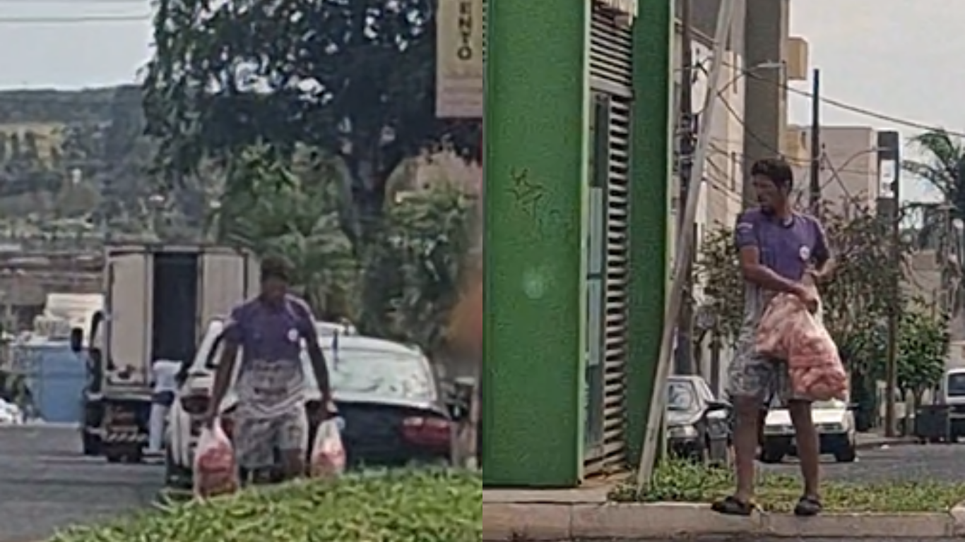 Homem furta sacos de carne de caminhão de entrega e foge de ônibus no bairro Santa Mônica, em Uberlândia
