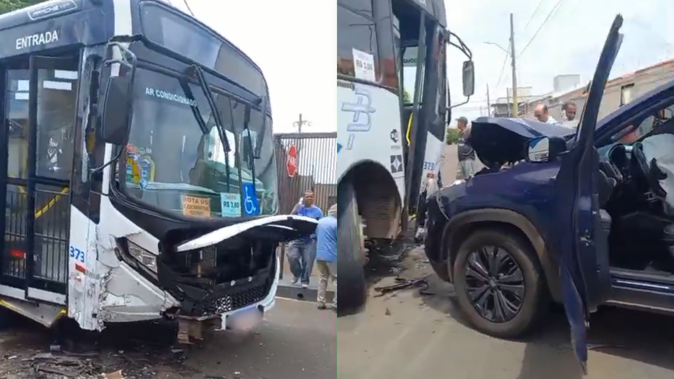 Caminhonete fica com frente destruída após batida com ônibus em Patos de Minas
