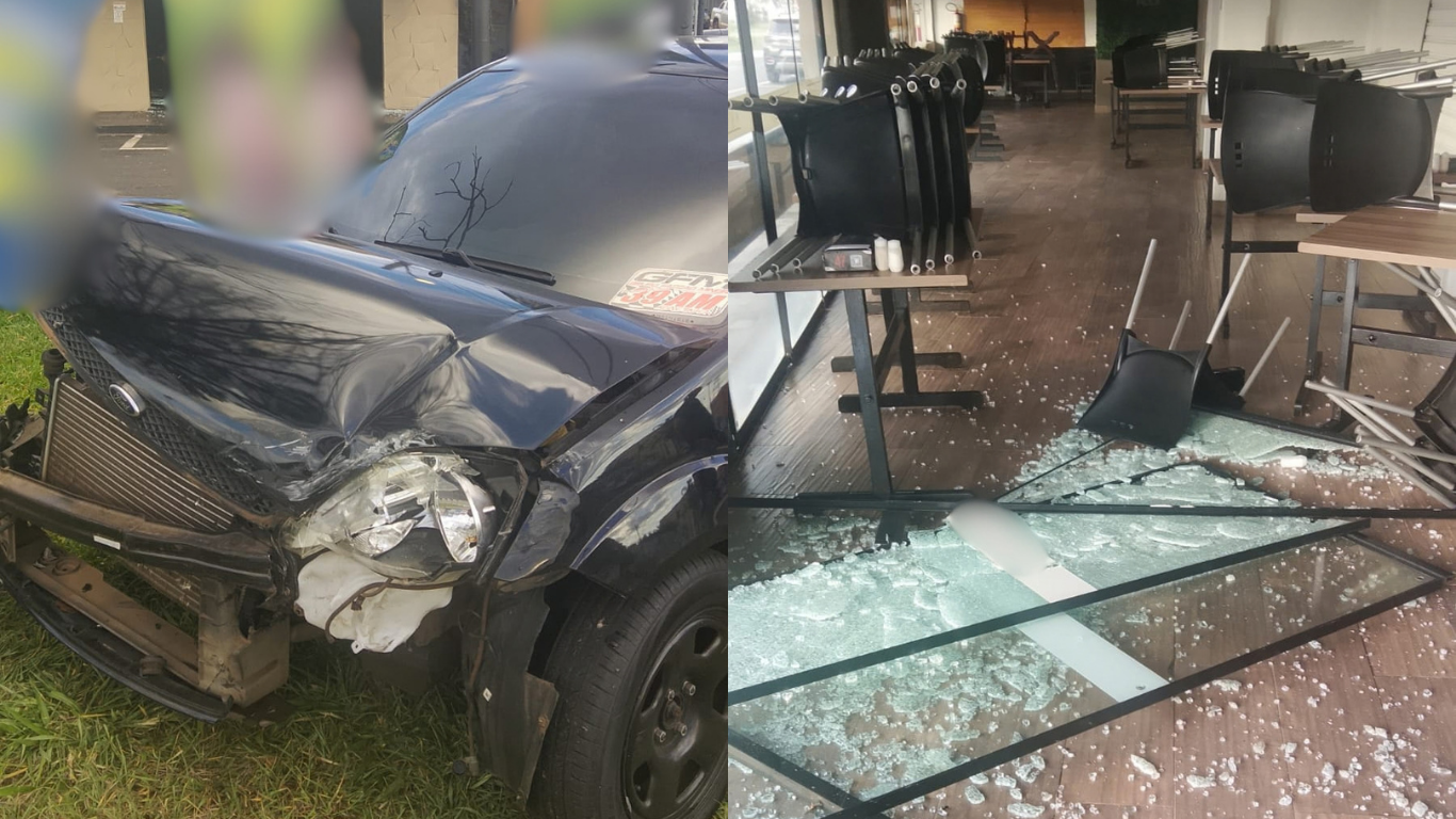 Carro fura semáforo, bate em outro veículo e invade bar na Avenida Coronel Theodolino, em Araguari