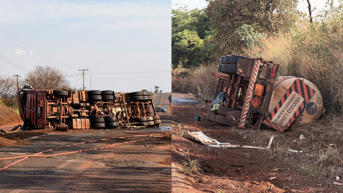 Carreta carregada com quase 60 mil litros de etanol tomba e interdita a AMG-2595 em Uberaba