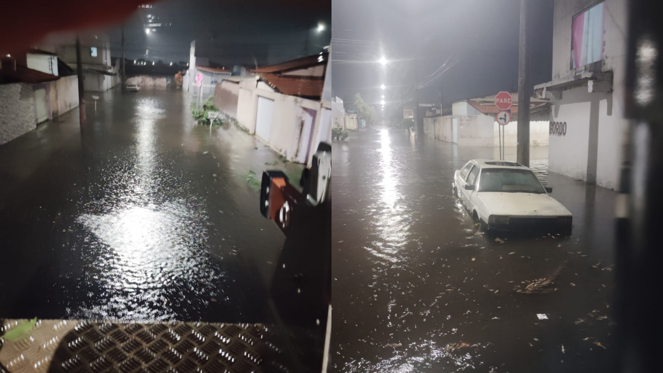 Chuva intensa de 80 mm alaga ruas de Araguari e ameaça muro de aeroporto com desabamento