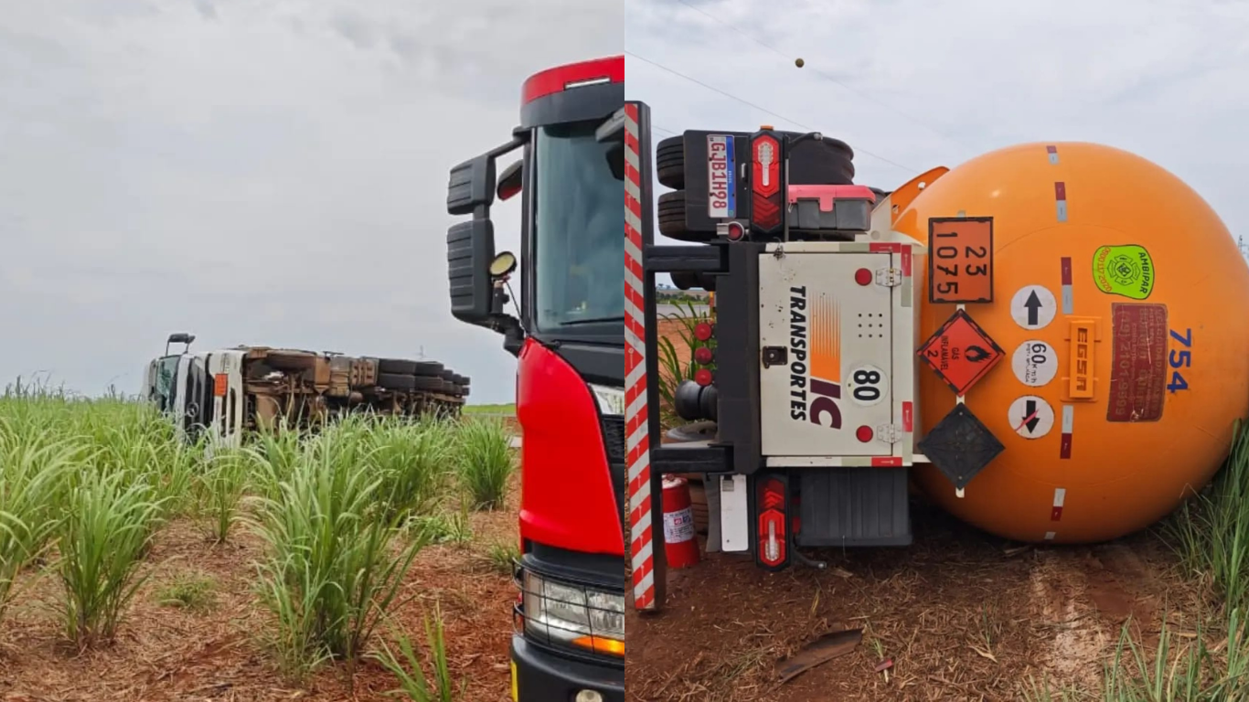 Carreta carregada com gás de cozinha tomba na LMG-810, em Campo Florido