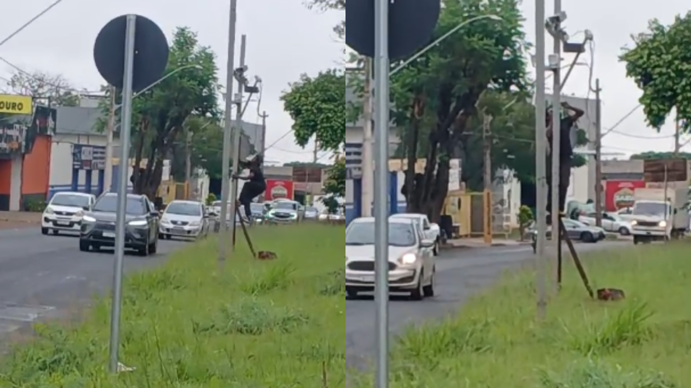 Homem é flagrado furtando fios de radar na Avenida João Naves de Ávila, em Uberlândia
