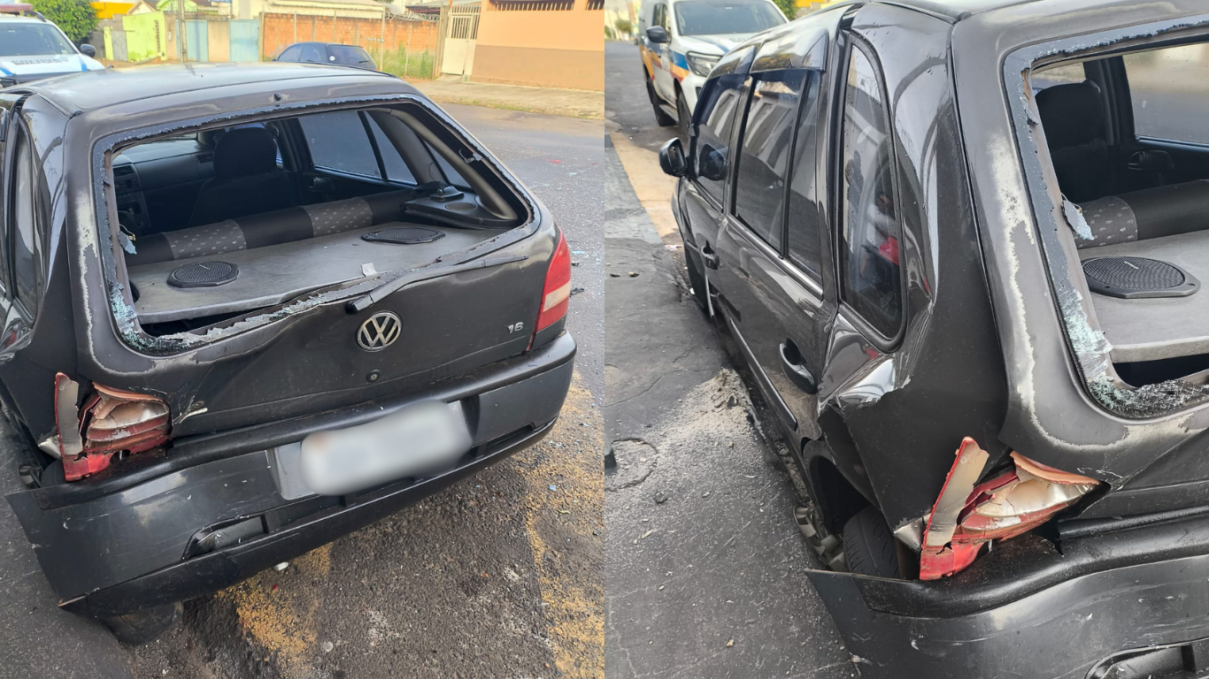 Carro bate em poste após colisão traseira e motorista foge no bairro Tibery, em Uberlândia