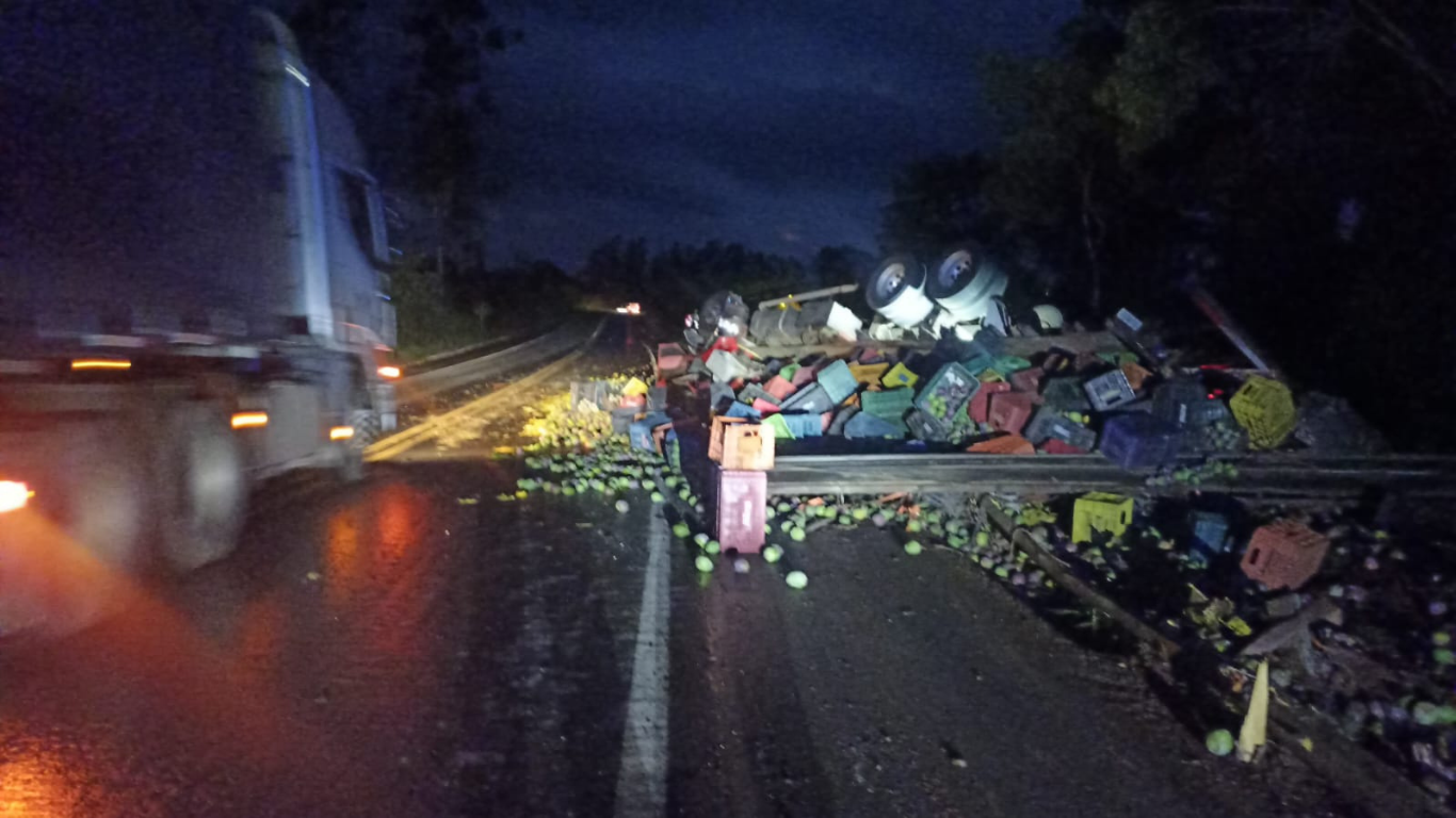 Caminhão carregado com mangas capota na BR-365 em Patos de Minas após condutor desviar de caminhonete
