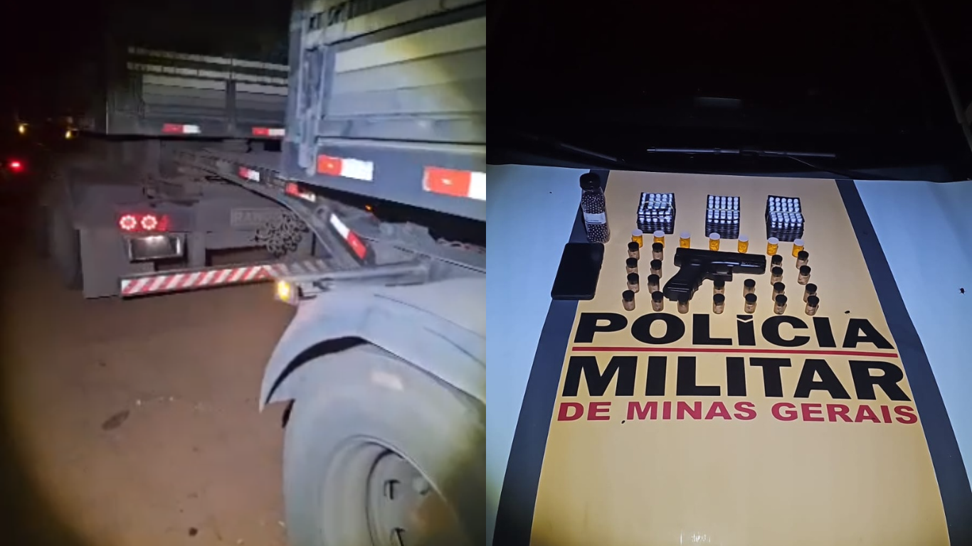 Homem é preso com bitrem de placas cobertas por chapas de PVC, mais de 1,4 mil comprimidos e munições na MG-461